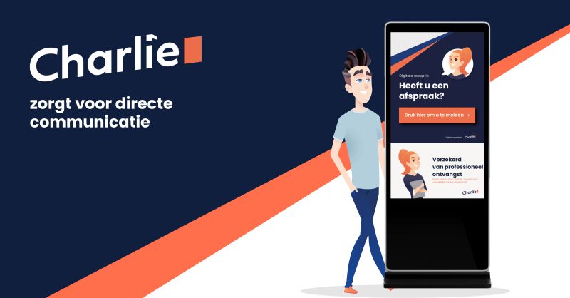 Charlie digitale receptie kiosk in een modern kantoorgebouw